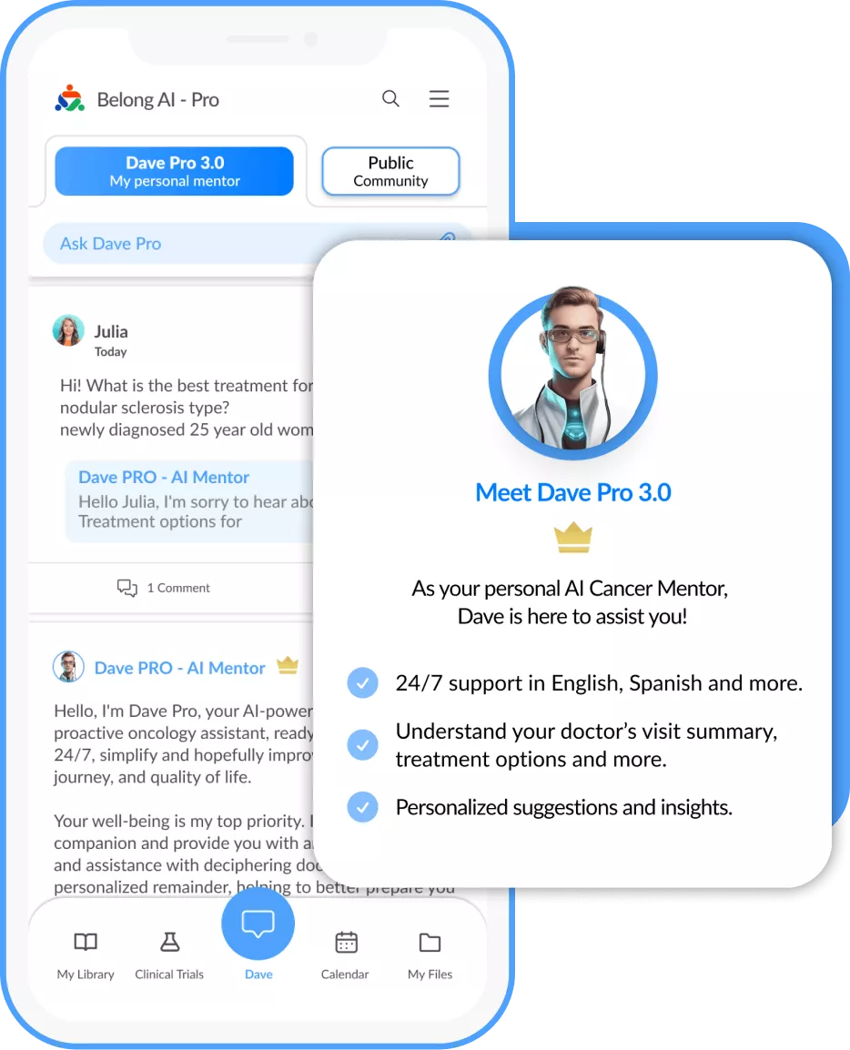 Chat conversation in app between real patient and Dave - cancer ai mentor