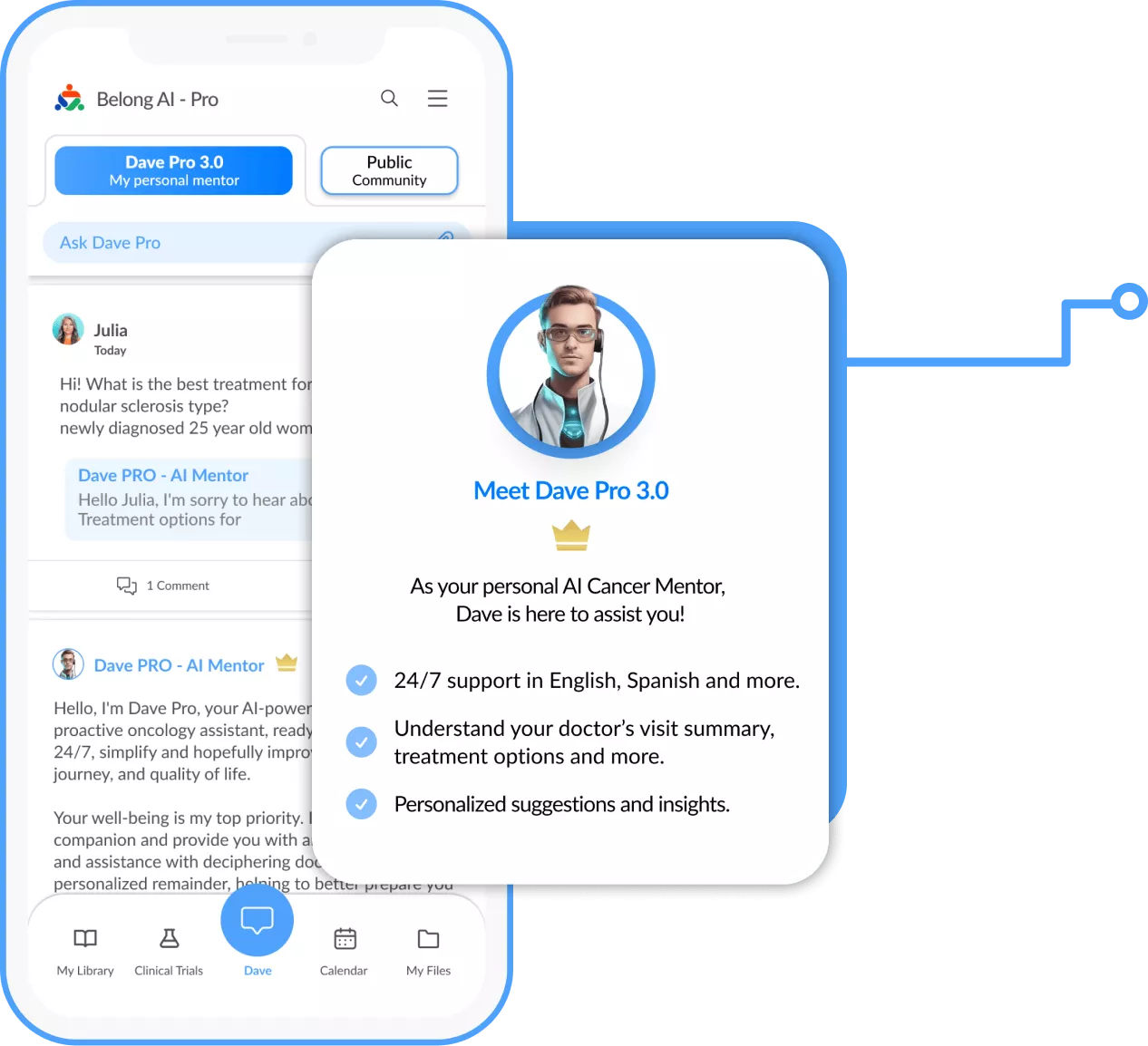 Chat conversation in app between real patient and Dave - cancer ai mentor