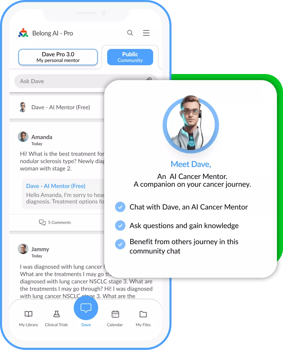 Chat conversation in app between real patient and Dave - cancer ai mentor