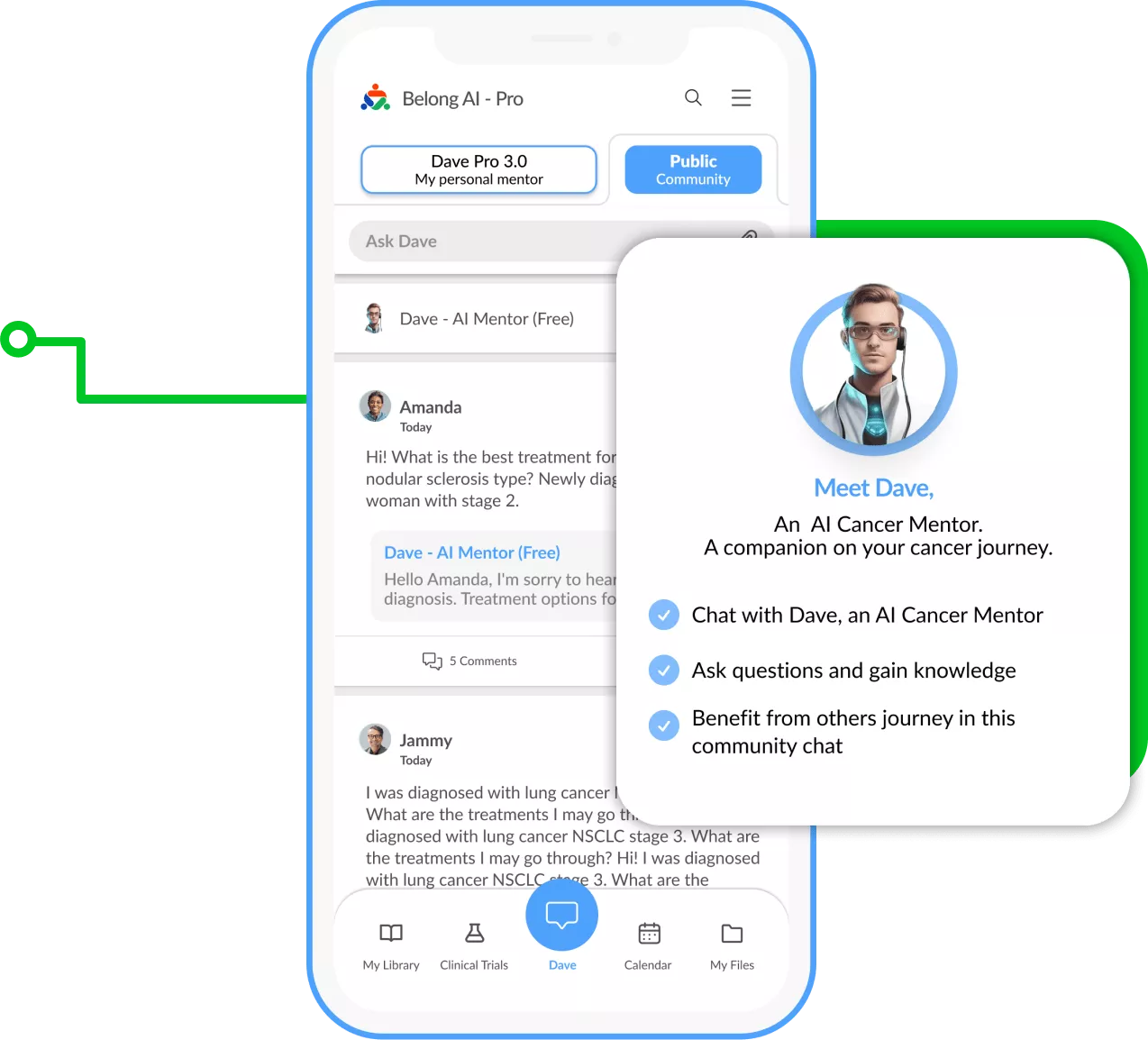Chat conversation in app between real patient and Dave - cancer ai mentor