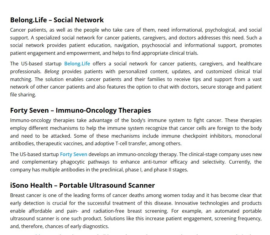 An image of the content of the article:  “8 Oncology Solutions in Healthcare"